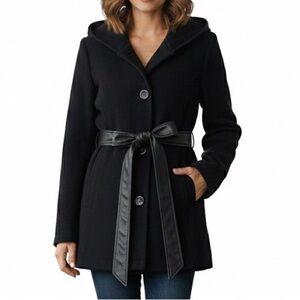Maralyn & Me Black Hooded Trench Coat Wool-Blend‎ Peacoat Jacket L